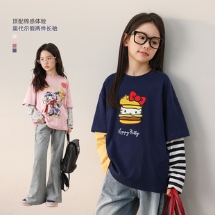 上衣女孩 好看洋气儿童春装 NORNOR陈大猪女童长袖 假两件t恤26新款