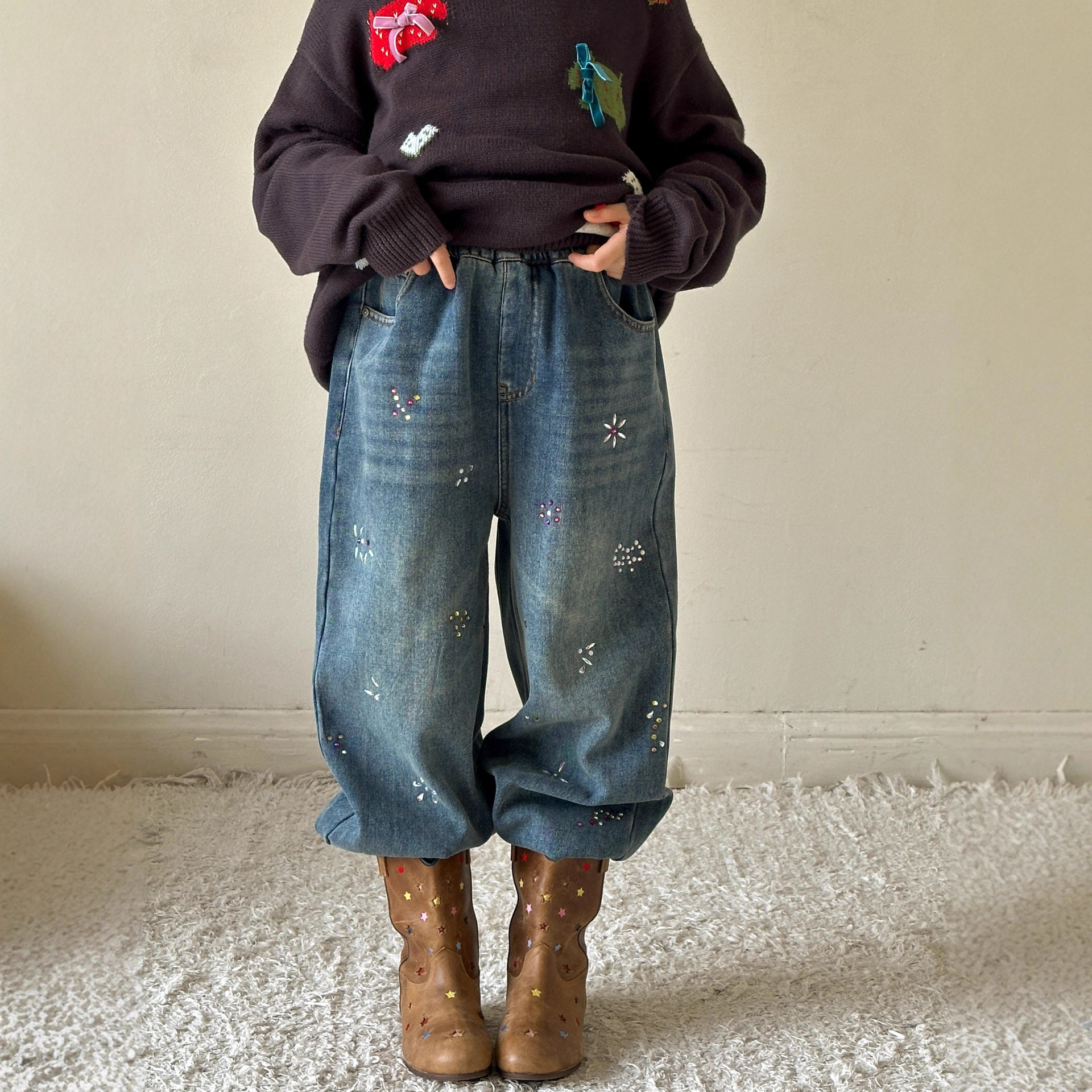 小红鱼女童加绒牛仔裤2025亲子秋冬新款儿童加厚直筒裤一体绒裤子