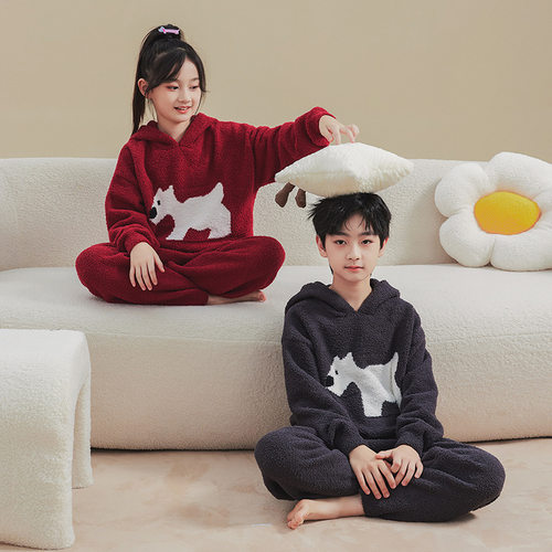 女童家居服套装法兰绒加厚加绒宽松可爱卡通甜美儿童冬季连帽睡衣