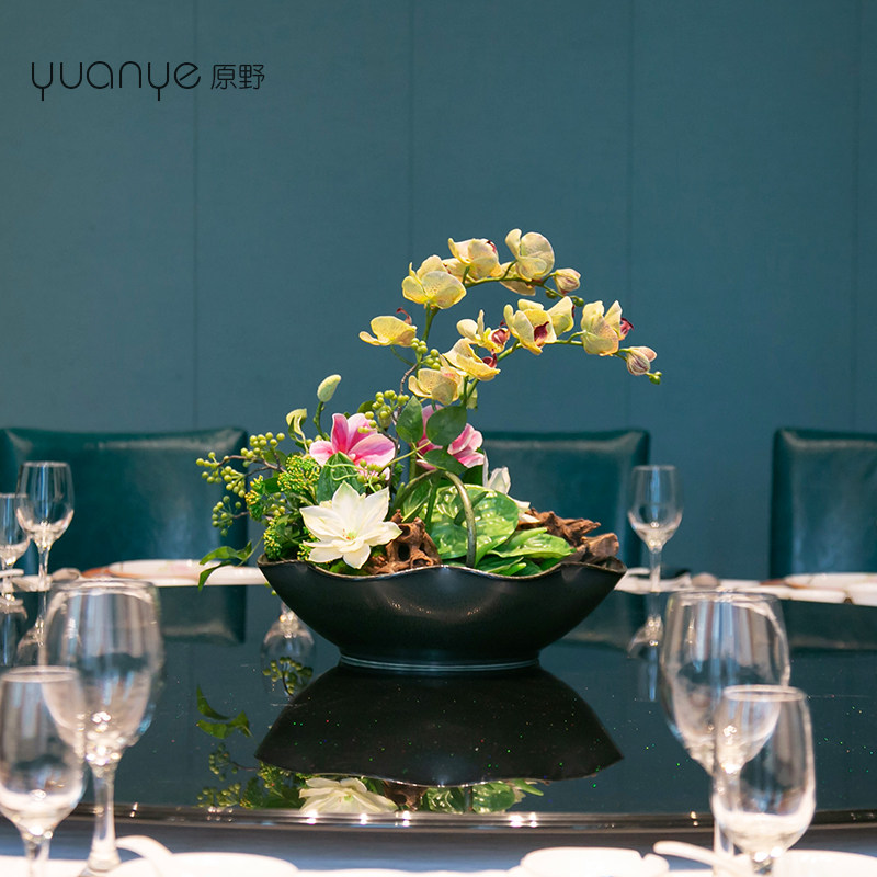 酒店圆桌转盘餐桌花摆花自然风高端餐厅客厅假花摆设花艺摆件装饰