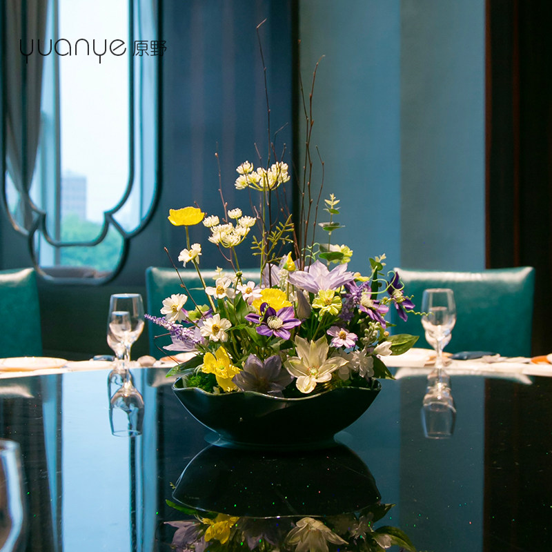 酒店圆桌转盘餐桌花摆花自然风高端餐厅客厅假花摆设花艺摆件装饰