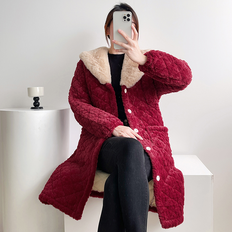 睡袍女冬装冬天加厚外穿罩衣加绒大衣上衣新款外套枣红本命年睡衣