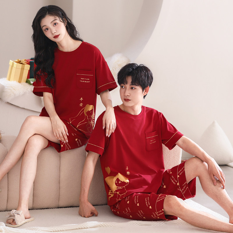 结婚情侣睡衣纯棉红色夏季短袖新婚本命年男短裤高档家居服套装,女士内衣/男士内衣/家居服,睡衣/家居服套装,淘宝优惠券,粉丝福利购,淘宝优惠卷