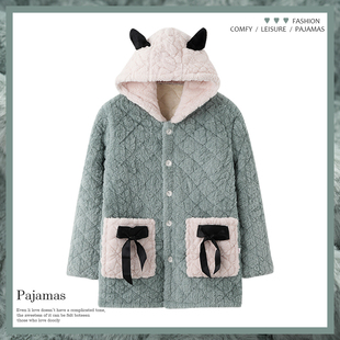 睡衣冬季女三层新款棉服保暖中长款加绒加厚外套睡衣罩衣家居棉衣