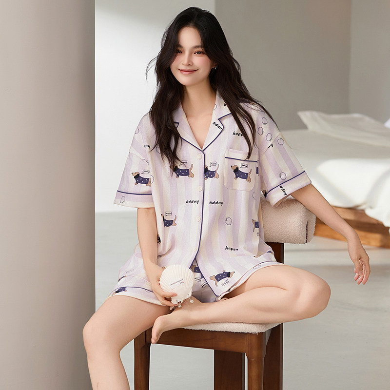 纯棉夏季7A抗菌睡衣开衫女款短袖短裤大码卡通可爱夏天外出家居服