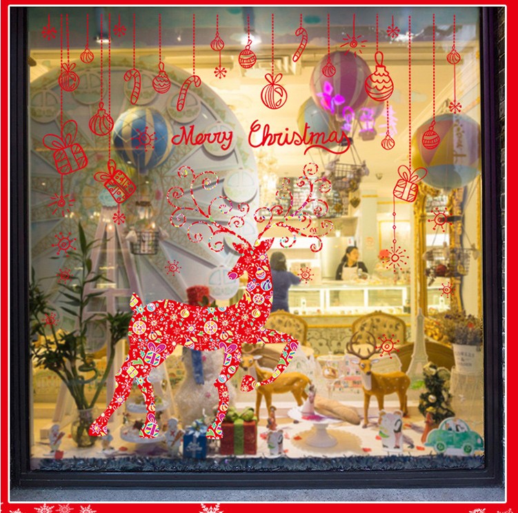 商场店铺贴橱窗玻璃自粘墙贴纸节日装饰布置红色圣诞麋鹿SK2011AB