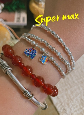 原创小众设计款纯银s925极细银珠双面小象福袋叠戴百搭手链女