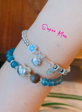 SUPER MAX S925纯银原创小众设计字母小花小猫头银珠叠戴简约手链