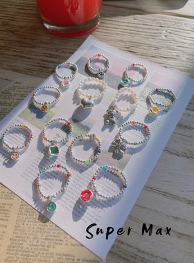 韩版原创小众s925银手作彩虹串珠戒指笑脸甜甜圈字母银珠弹力戒指