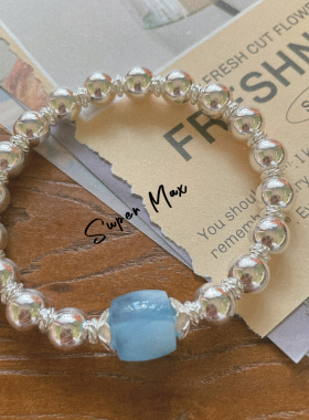 S925纯银原创小众设计简约海蓝宝桶珠银珠叠戴百搭冷淡风手链女