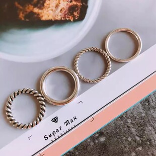 韩版东大门纯银925极简净版简约冷淡风混戴麻花光圈戒指 尾戒女