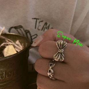 Supermax韩版纯银s925 东大门银饰 复古做旧重工蝴蝶结开口戒指