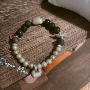 原创小众设计s925纯银999足银福袋小鸟爱心黑曜石银珠手链