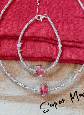 原创小众设计925纯银红色琉璃珠碎银子珍珠叠戴手链项链女