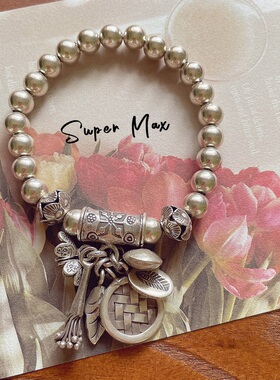 原创设计s925纯银泰国手工银复古做旧圆盘树叶蝴蝶小花重工手链女