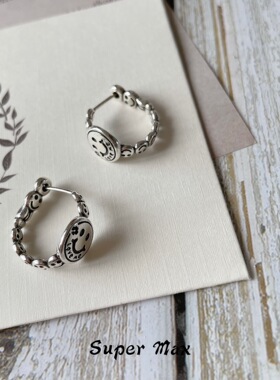 s925纯银笑脸耳环女韩国精致气质复古港风耳扣网红冷淡风个性耳环