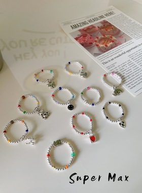 韩版原创小众s925银手作彩虹串珠戒指笑脸爱心食指戒尺码可定制