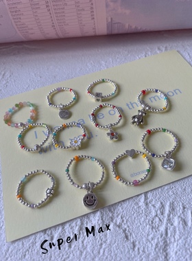 原创手工设计925纯银小众小熊笑脸银珠弹力彩珠可爱叠戴百搭戒指