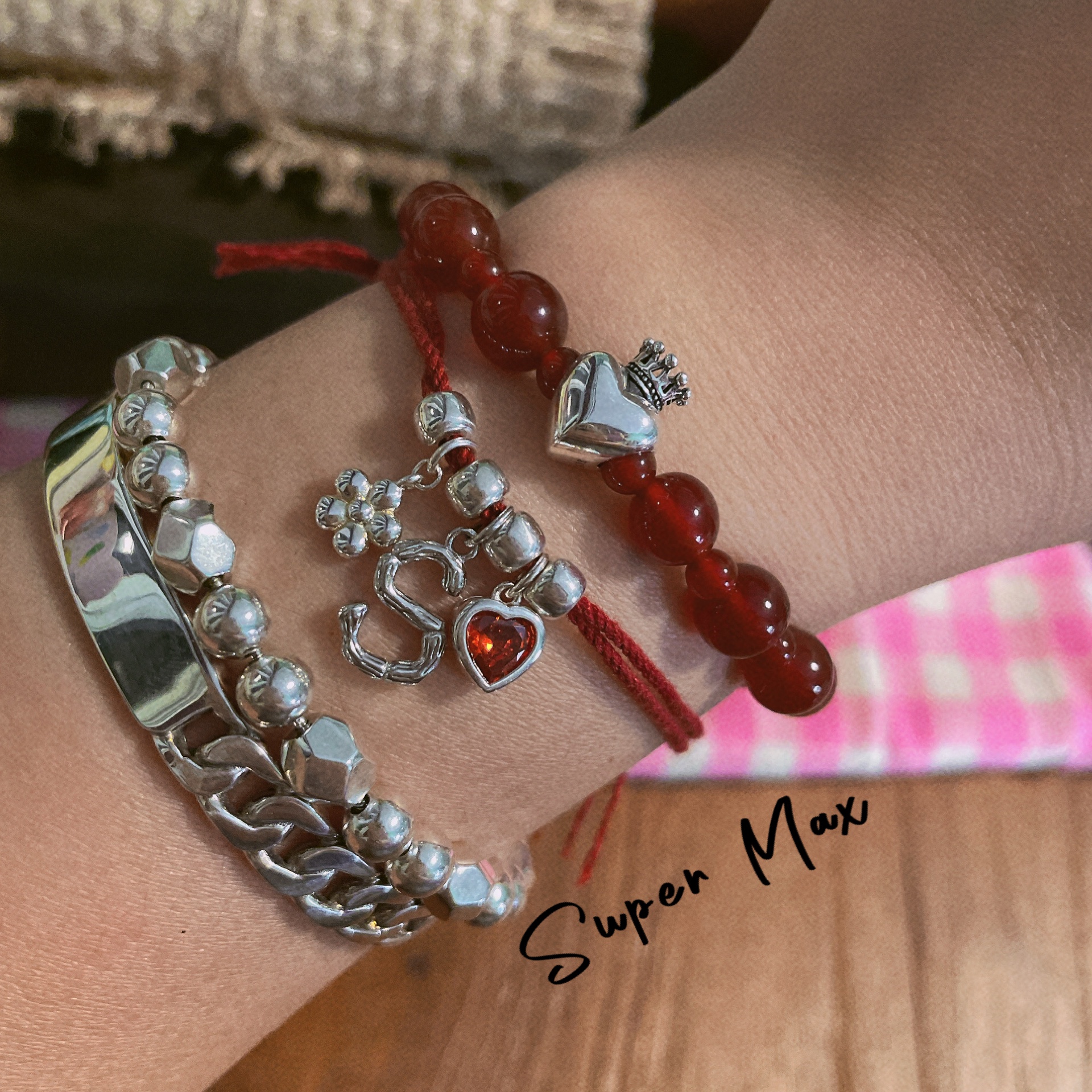 原创小众设计款纯银s925字母小花爱心棉线手工编织叠戴手绳