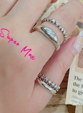 Supermax韩版纯银s925小众设计款爱心星星双层重工叠戴开口戒指