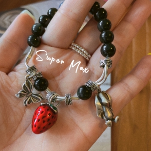 原创小众设计s925纯银999足银黑曜石海蓝宝蝴蝶草莓兔子手链