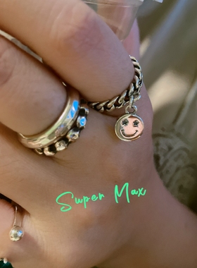 super max 纯银S925小众设计款开口双面笑脸星星吊坠链条做旧戒指