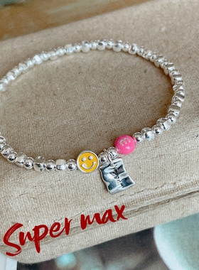 Super max原创小众纯银s925方糖珠圆珠多巴胺色笑脸糖豆牌牌手链