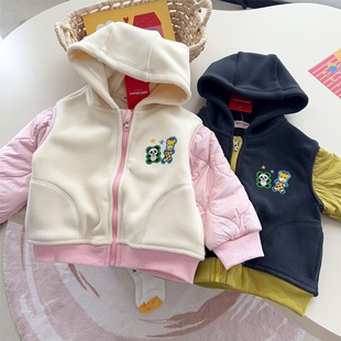 日系miki冬季儿童棉服男女宝卡通刺绣连帽双面摇粒绒保暖防风外套