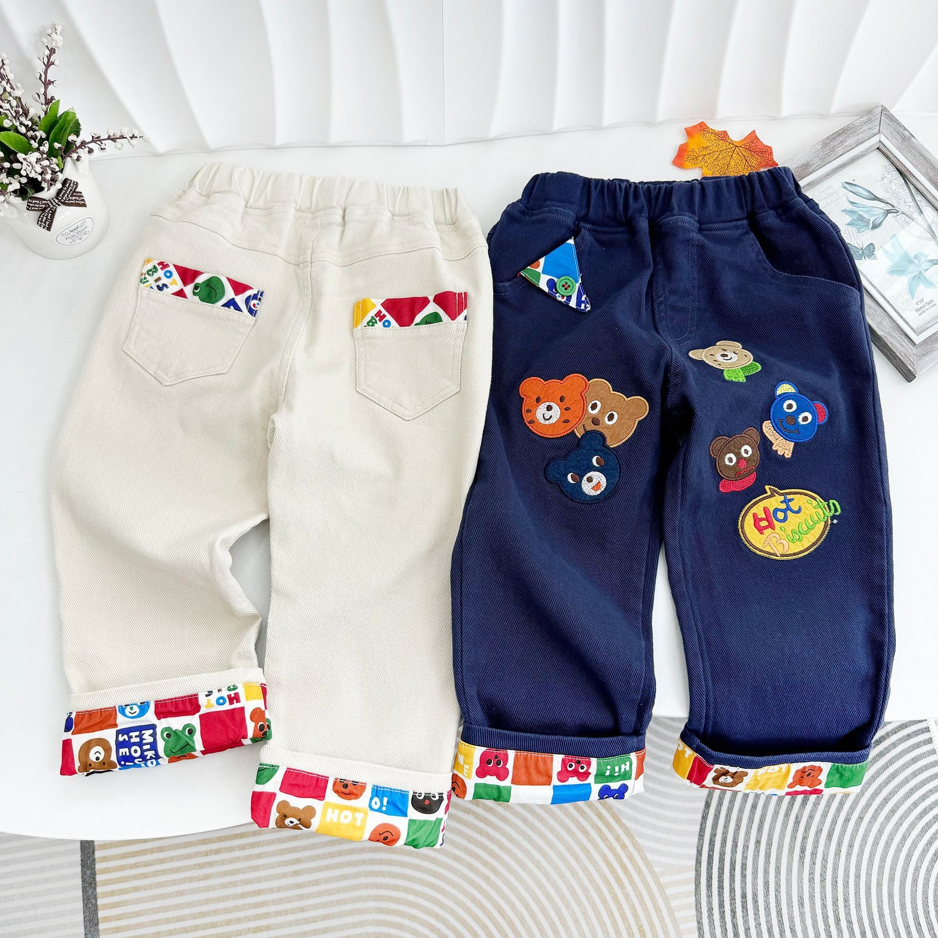 24春秋新款日系外贸miki男女童休闲裤舒适卡通刺绣小熊卷边长裤子,童装/婴儿装/亲子装,裤子,淘宝优惠券,粉丝福利购,淘宝优惠卷