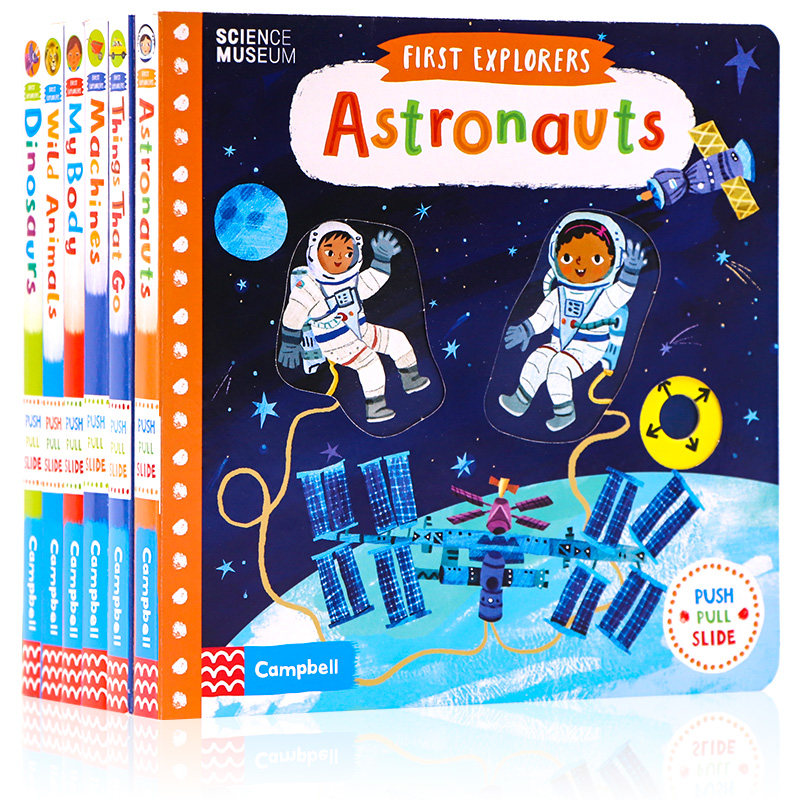 小小探险家系列机关操作书6册 英文原版绘本First Explorers Astronauts航天员野生动物身体交通工具恐龙幼儿童科普启蒙纸板玩具书