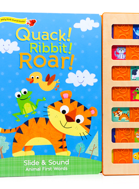 动物发声书Quack Ribbit Roar 英文原版绘本 木制滑块 记忆配对游戏 趣味发声书 动物认知启蒙 纸板大开触摸发声书 儿童低幼启蒙