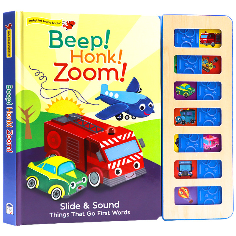 交通工具木质滑块发声书Beep! Honk! Zoom! 英文原版绘本 木制滑块记忆配对游戏交通工具英语单词启蒙认知纸板大开触摸趣味发声书