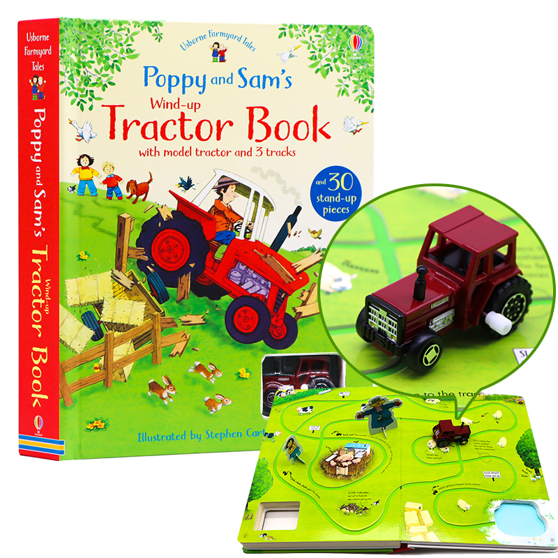 Usborne出品拖拉机发条轨道书Poppy and Sam's Wind-Up Tractor Book英文原版农场故事玩具书大开本纸板含拖拉机+30个纸卡模型-封面