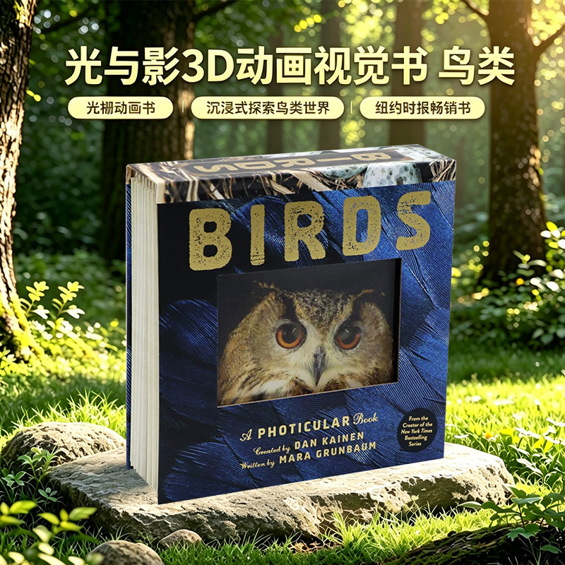 光与影视觉动画书系列鸟类 会动的3D鸟类科普图片 英文原版 Birds A Photicular Book 纽约时报绘本畅销书 Mara Grunbaum 精装