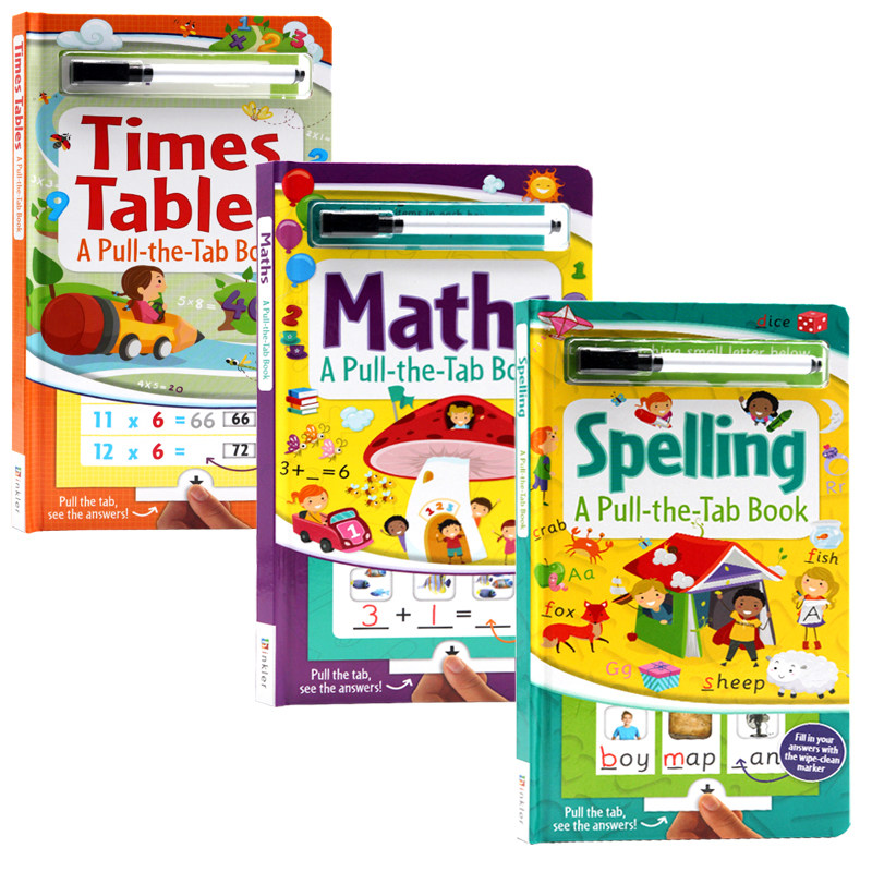 乘法表Times Tables数学Math拼写Spelling3册合售英文原版绘本A Pull-the-Tab Book带擦擦笔可重复擦写 ...