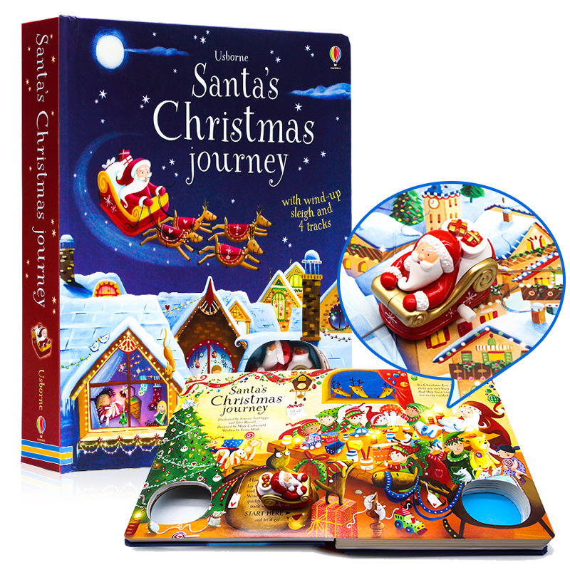 现货Usborne圣诞老人的圣诞之旅Santa's Christmas Journey with Wind-Up Sleigh英文原版儿童读物轨道书扭动发条书圣诞节主题绘本