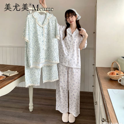 美尤美甜美风翻领碎花睡衣女短袖长裤花边清纯夏季凉爽家居服套装