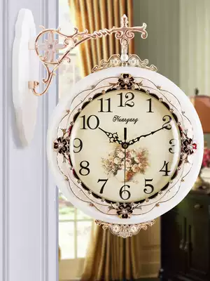 European style double-sided clock living room wall clock home solid wood creative two-sided decoration solid wood modern Wall silent hanging watch