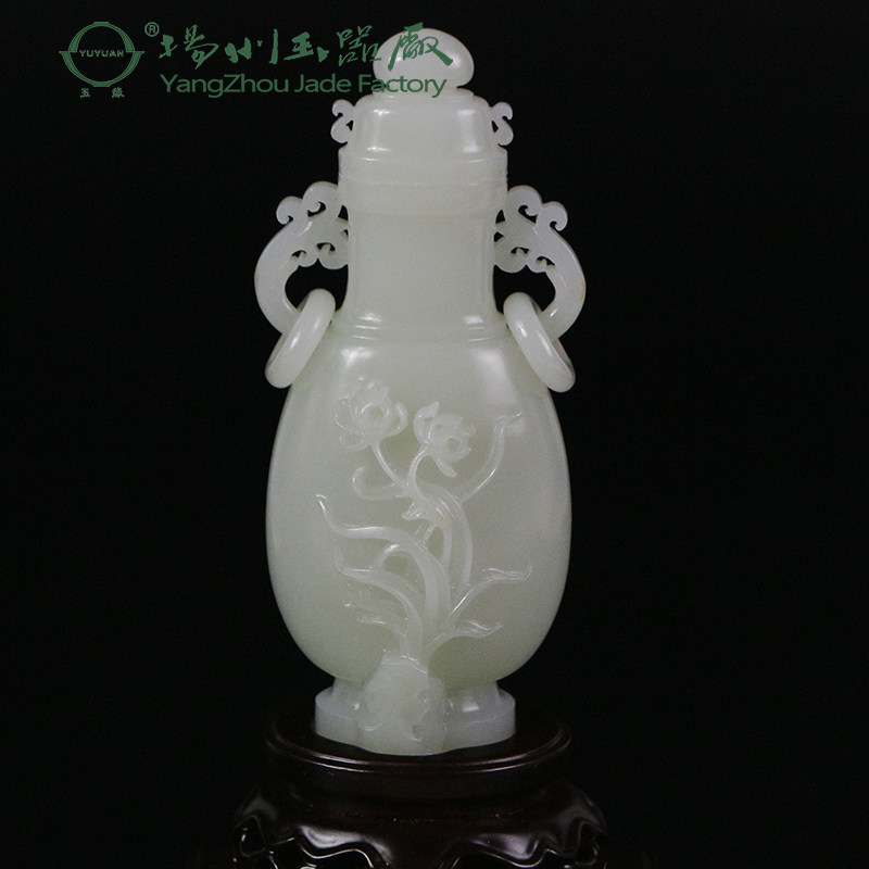玉缘和田玉俄料白玉双耳活环兰花瓶摆件礼中国风扬州玉器厂保真