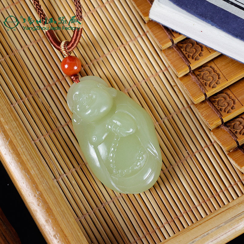 玉缘天然和田玉青海黄口料笑佛挂件吊坠油润细腻扬州玉器厂结构少