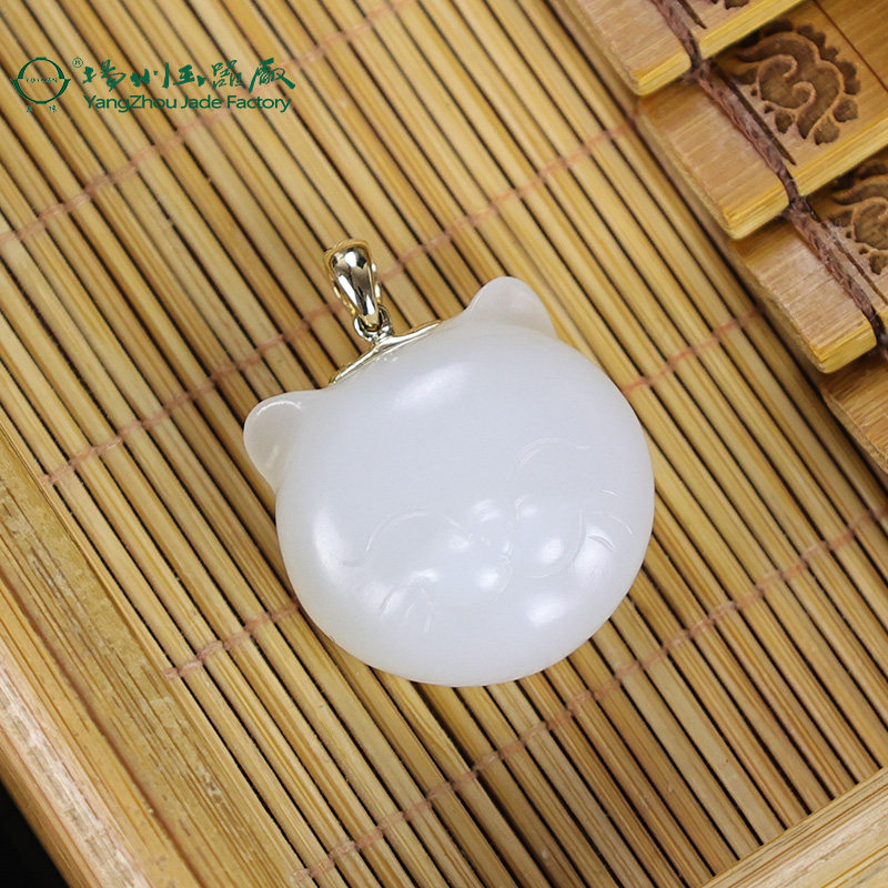 玉缘天然和田玉俄罗斯白玉猫挂件吊坠招财大师工白度好油润细腻