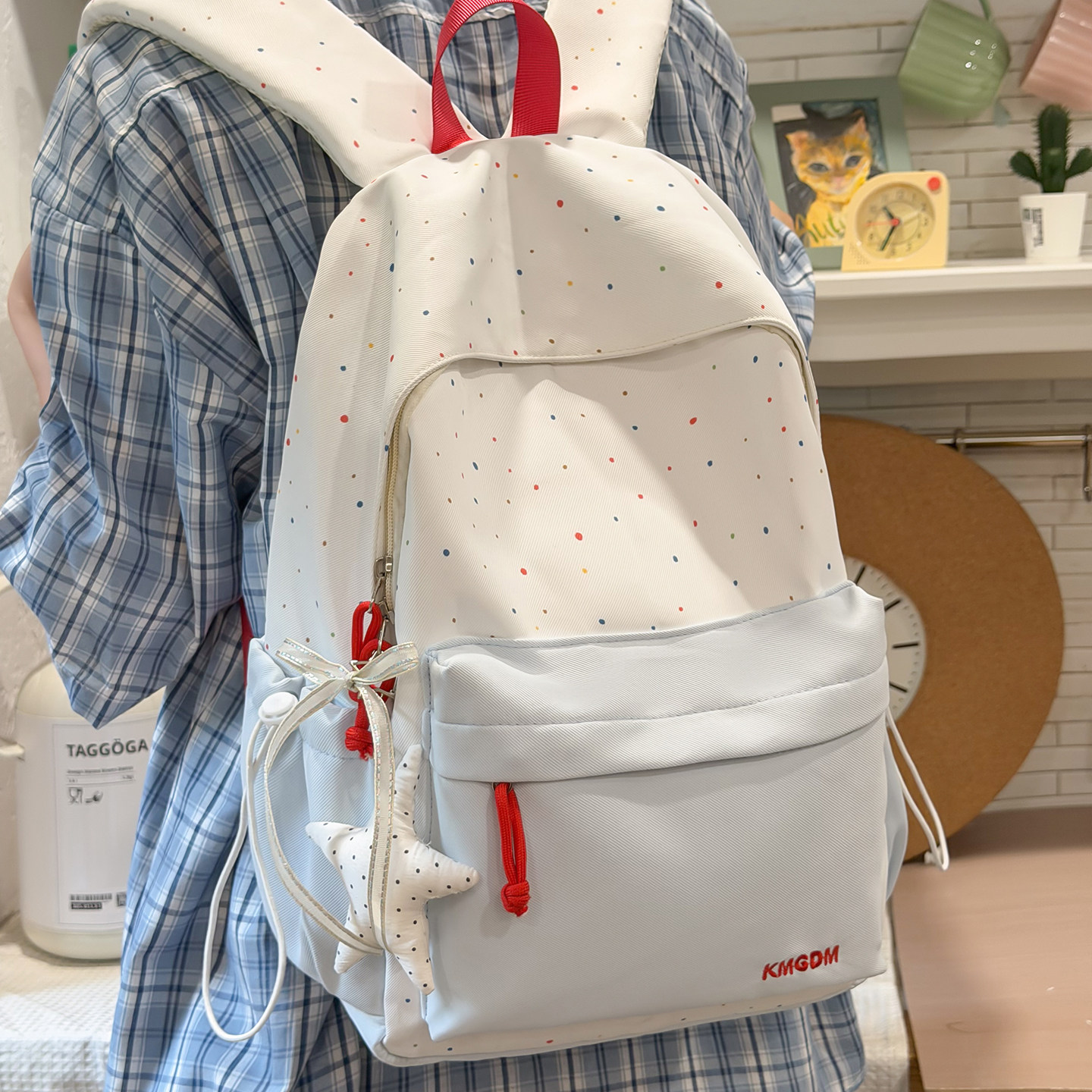 韩系简约波点女学生双肩包小学生图片