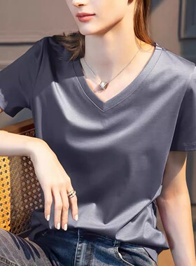 2025新款液氨80支丝光棉短袖t恤女春夏宽松V领显瘦白色打底衫上衣