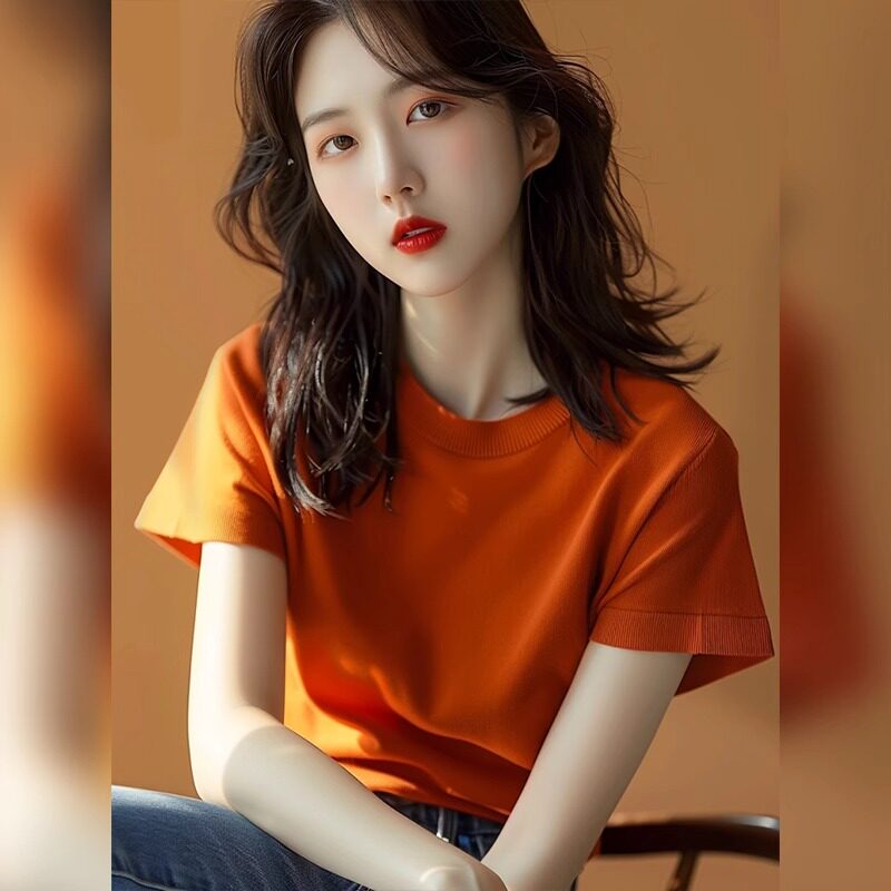 橘色正肩独特冰丝短袖T恤女2025夏季高级感百搭显瘦别致绝美上衣