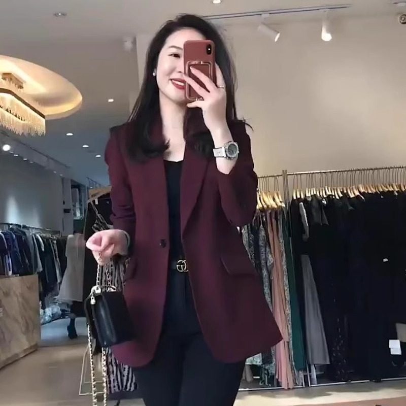 2025新款酒红色西装外套女春秋高级感小个子职业西服休闲大尺码上