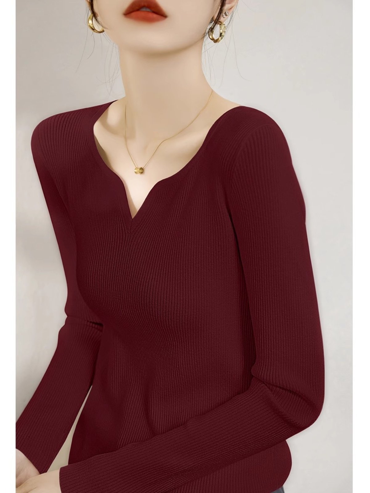 安可拉红气质百搭针织衫上衣女春秋新款V领打底衫修身套头内搭潮,女装/女士精品,大码内搭,淘宝优惠券,粉丝福利购,淘宝优惠卷