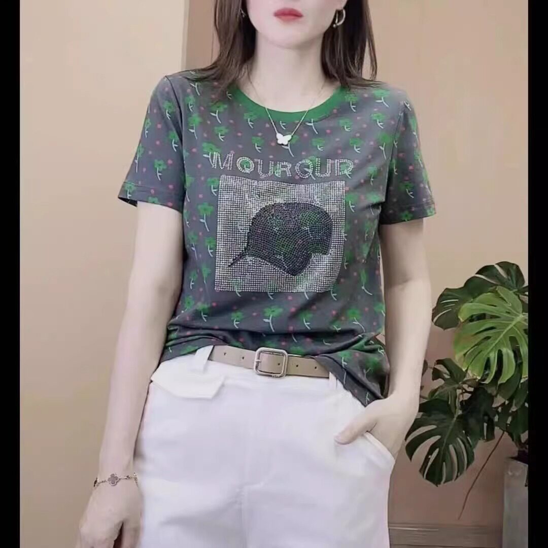 短袖2025夏季新款烫钻女时尚洋气减龄显瘦小衫气质上衣设计口袋巾