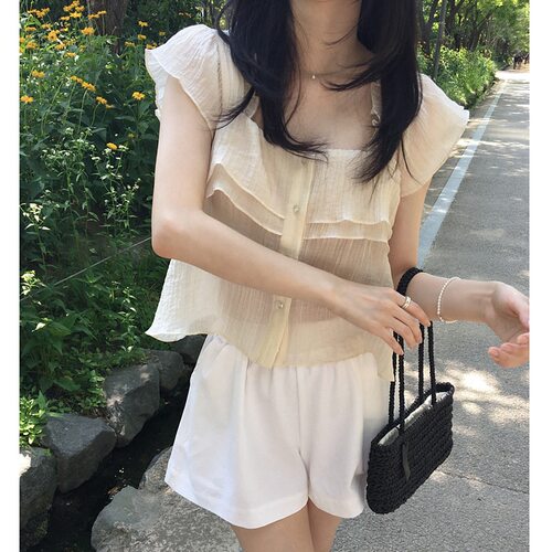 有货chic 韩版微透吊带单排扣衬衫