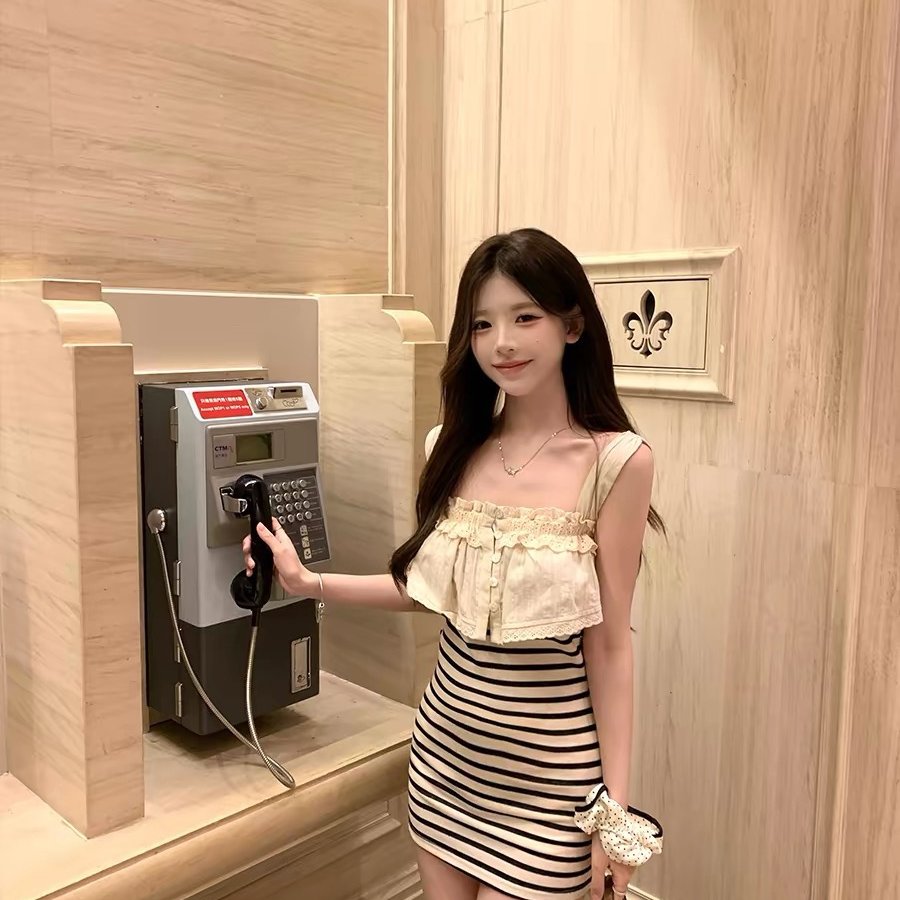 古早少女心事软妹风氛围感条纹假两件韩系连衣裙高腰包臀裙抹胸裙