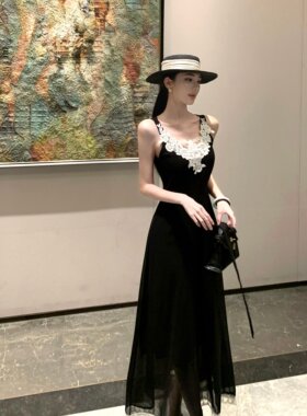 韩系假两件黑色蕾丝吊带连衣裙子女夏季杨超越同款绝美不撞款长裙
